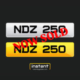 NDZ 250 | Northern Ireland Dateless 6 Digit Registration | 3x3 Private Cherished Number Plate